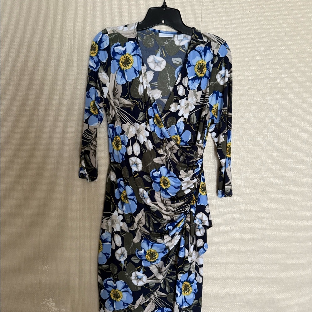 New York & Company Floral Wrap Dress – Blue & White Stretch Midi